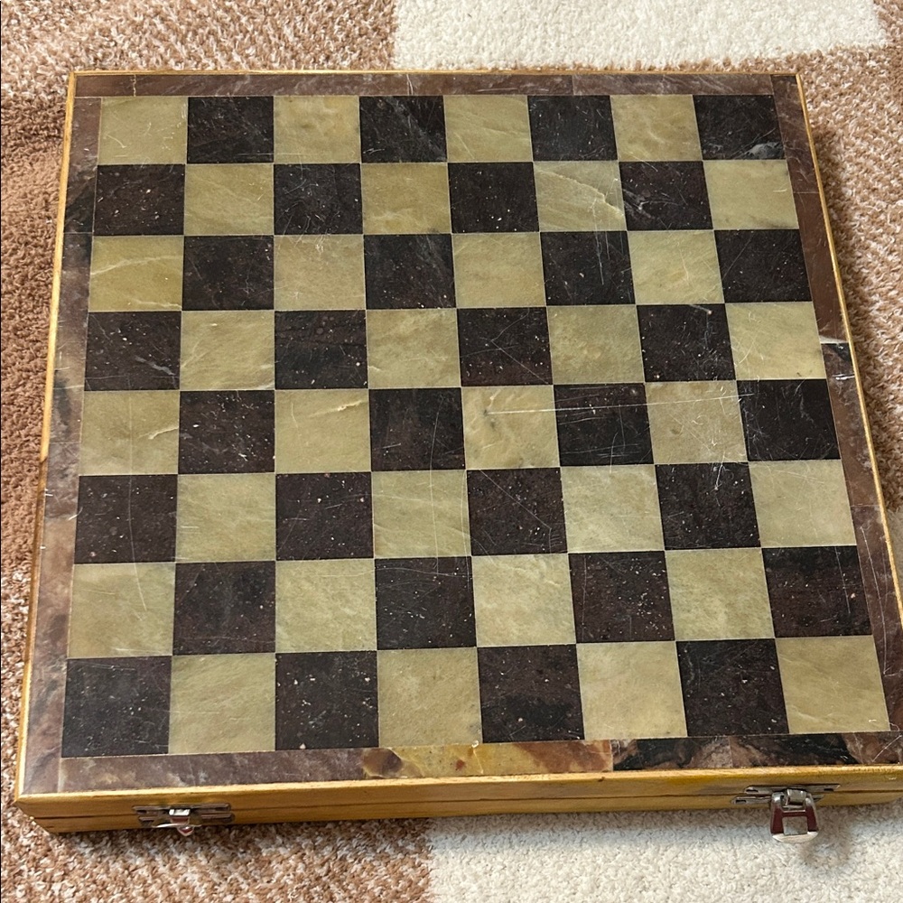 12" Soap Stone Chess Set Pieces & Framed wooden Board + velvet storage box